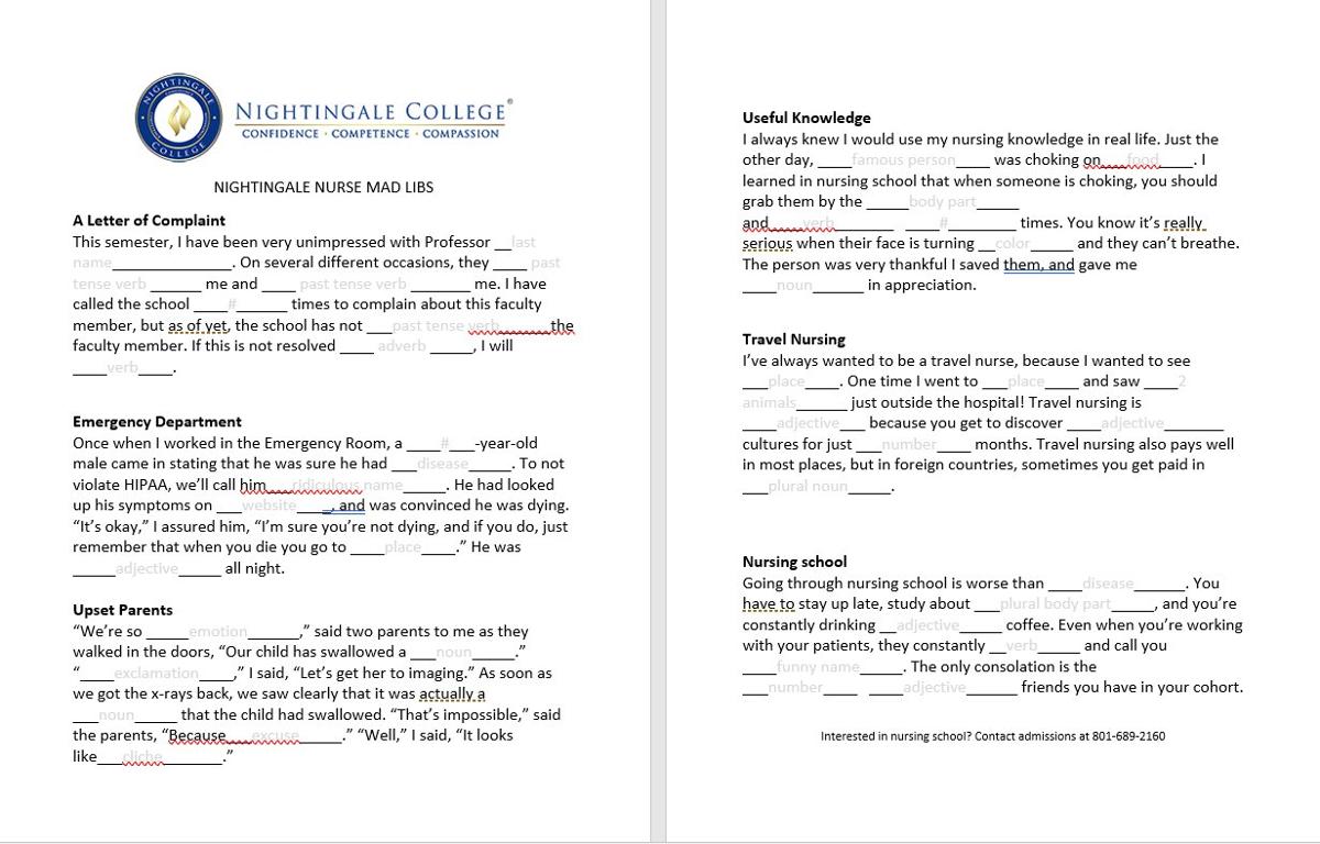 Nursing Mad Libs