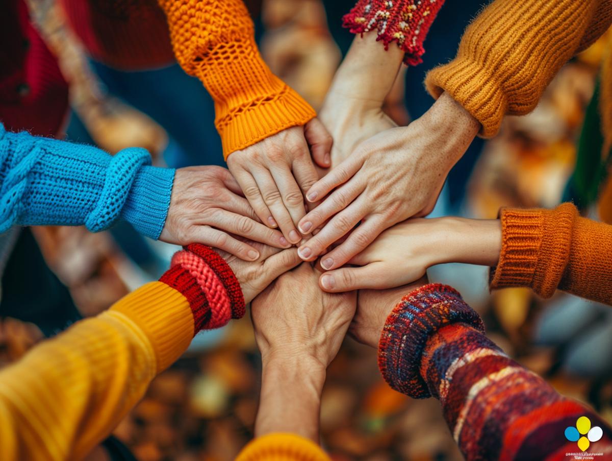 several hands of different colors meeting in the middle